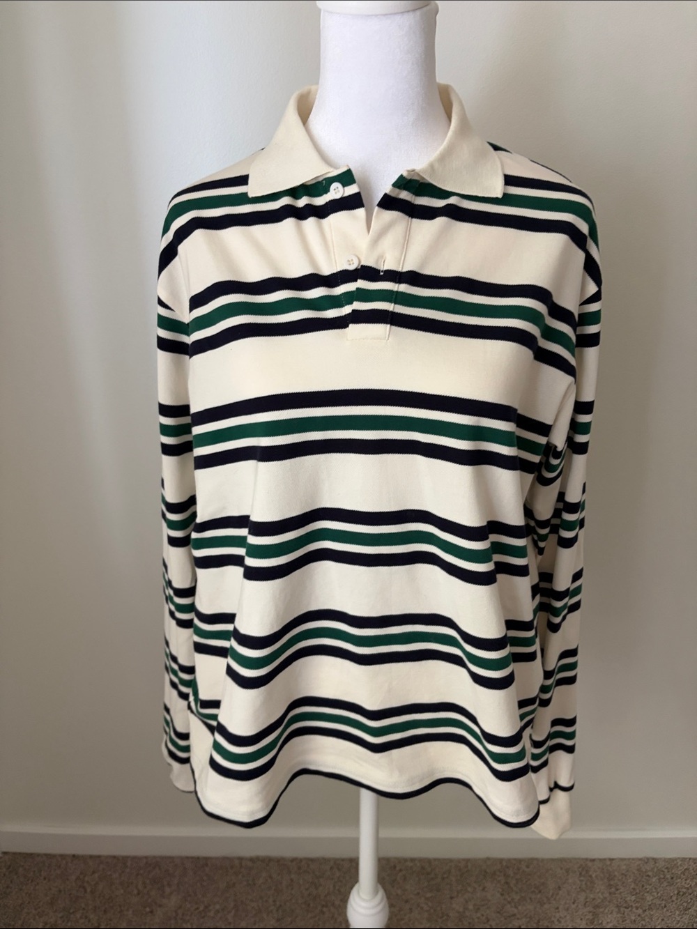 Lioness viral Striped Polo Long Sleeve Top in Cream, Green & Black Sz s